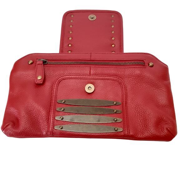 RomyGold Red Genuine Leather Metal Flap Clutch Bag Zip Closure Evening Bag - Picture 3 of 10